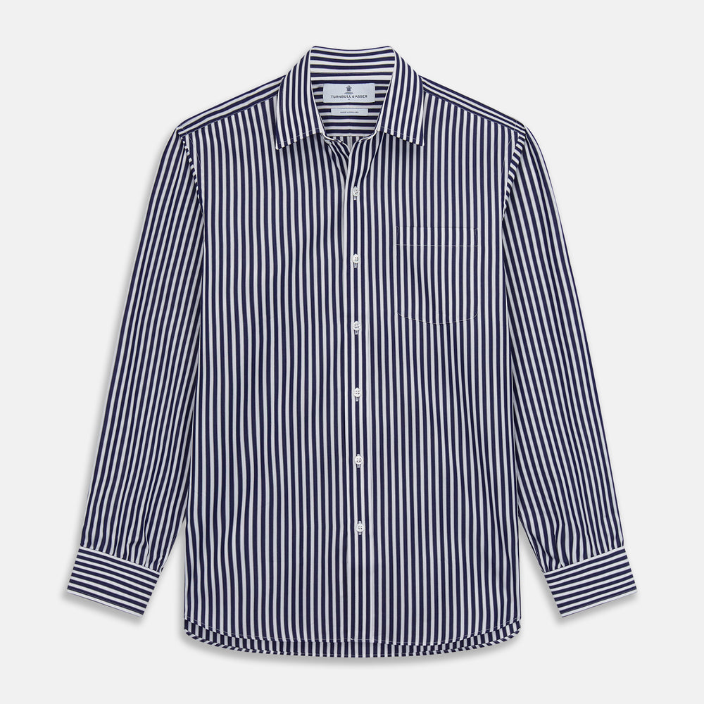 Navy & White Stripe Weekend Fit Shirt with Derby Collar and Single Button Cuffs