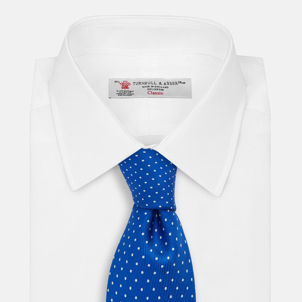 Long Blue and White Small Spot Printed Silk Tie
