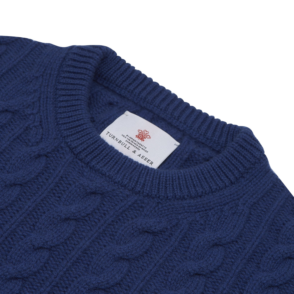 Blue Crew Neck Cable Knit Cashmere Jumper