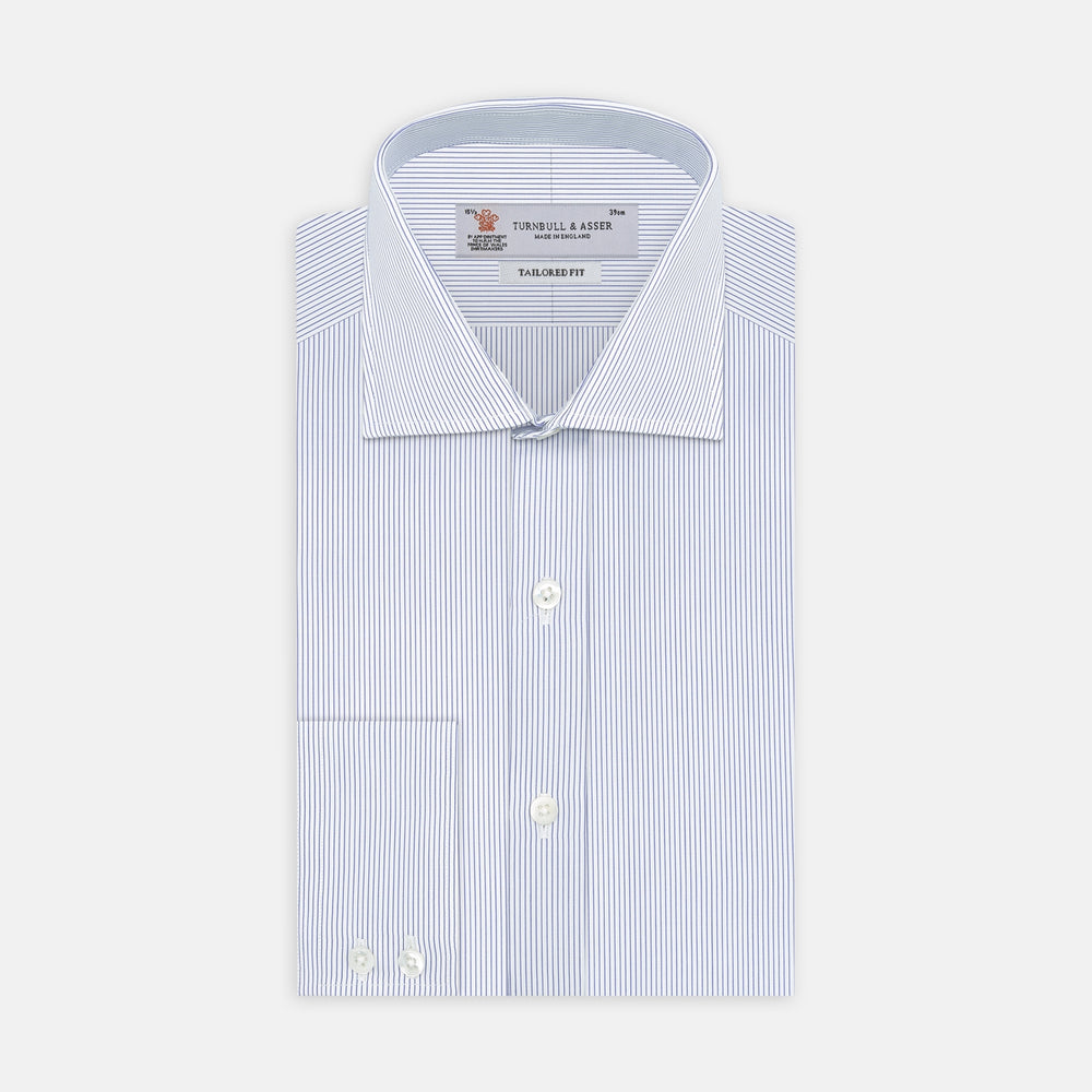 Tailored Fit Blue and White Fine Stripe Shirt with Kent Collar and 2-Button Cuffs